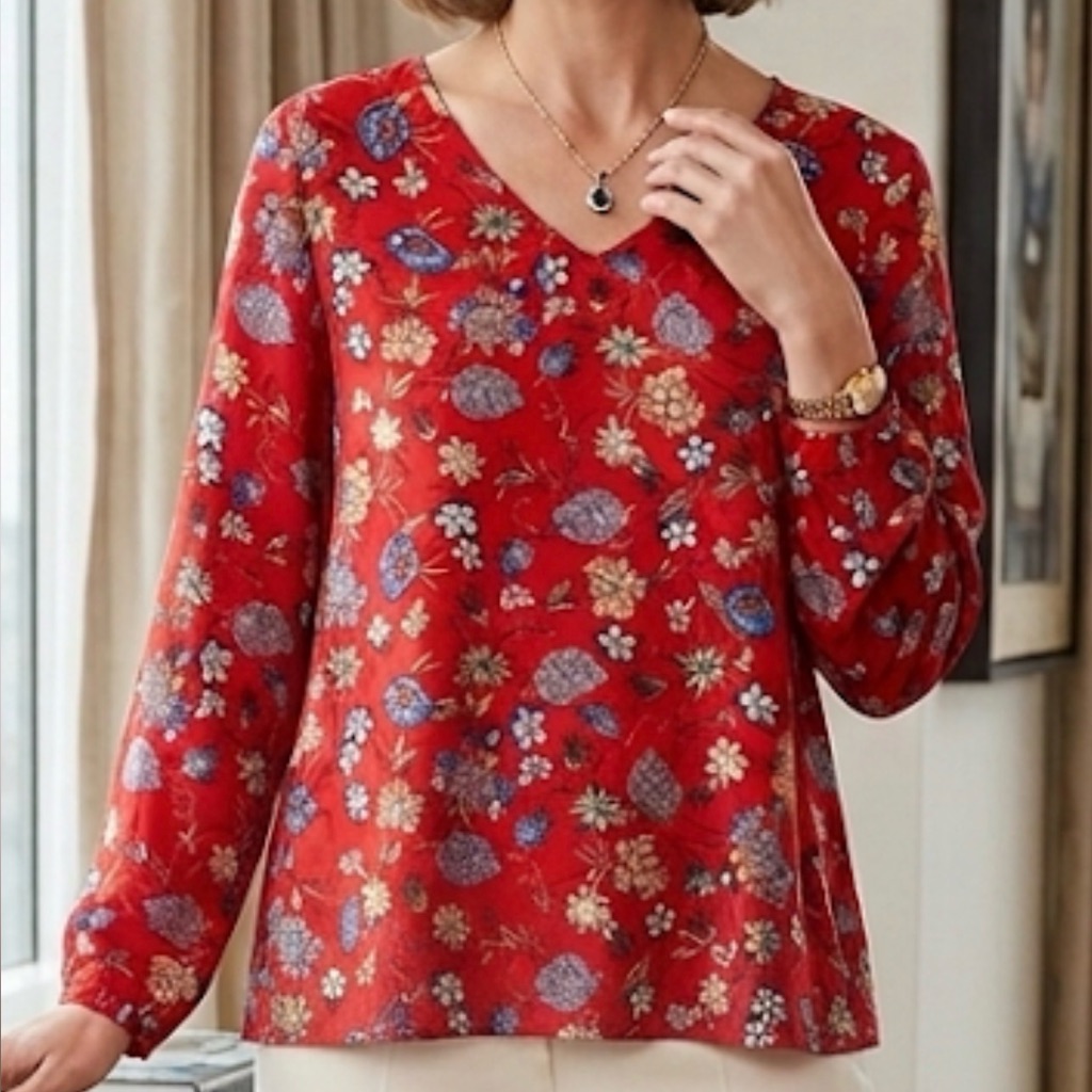 Chelsea & Theodore Red Floral V-Neck Long Sleeve Blouse Top Large 2645109